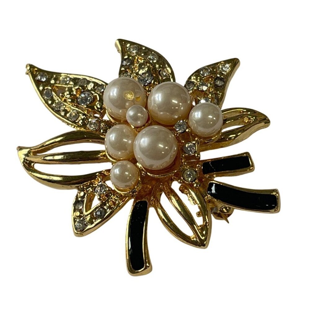 Gold-Tone‎ Faux Pearl & Rhinestone Floral Brooch Pin